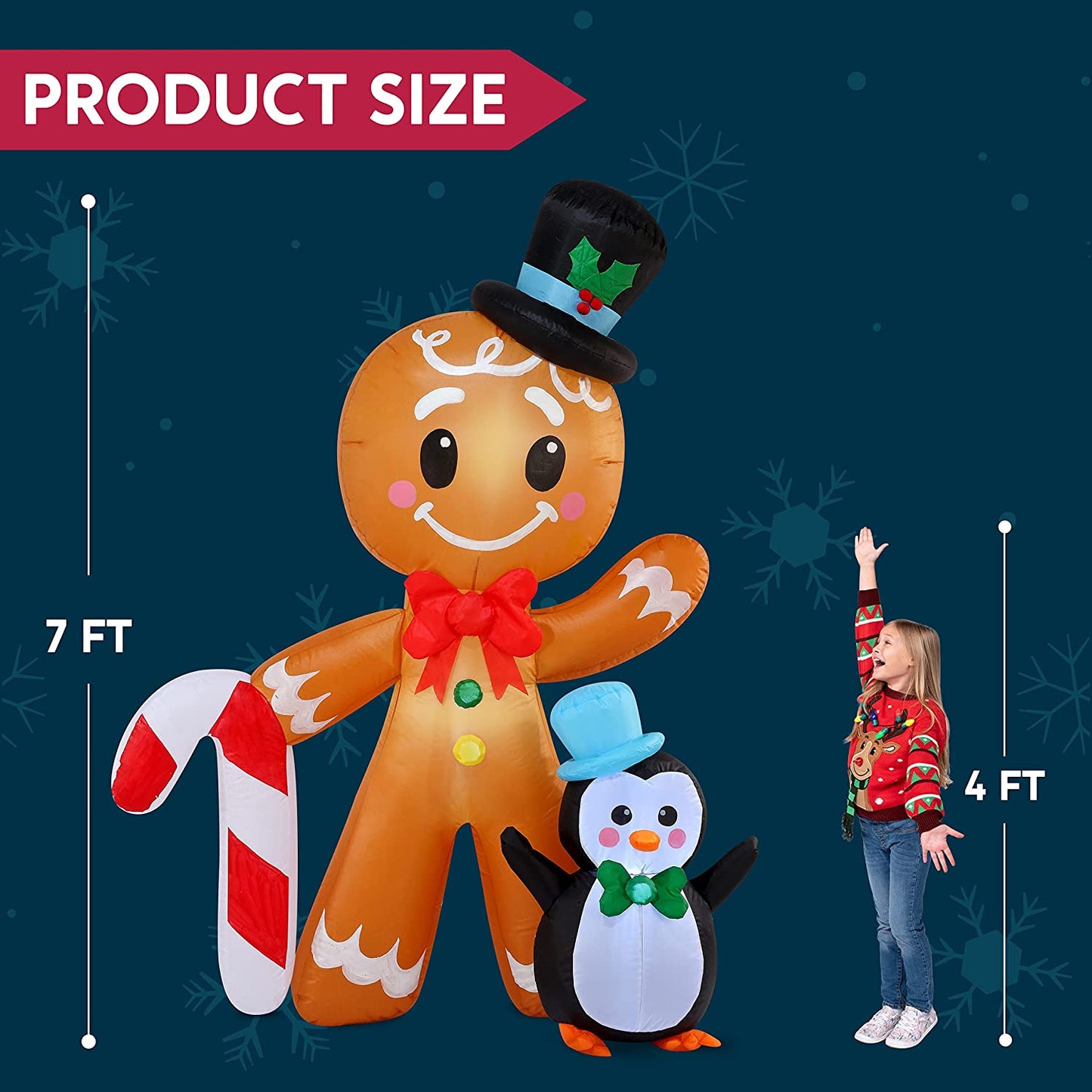 6 FT Tall Inflatable Gingerbread with Penguin Christmas Inflatable with Build-in LEDs