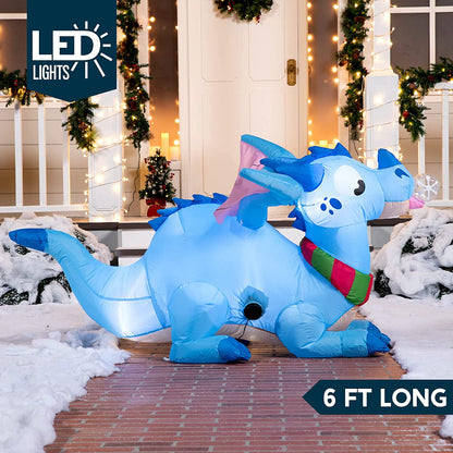 6 FT Long Inflatable Blue Dragon With Snowflake with Build-in LEDs