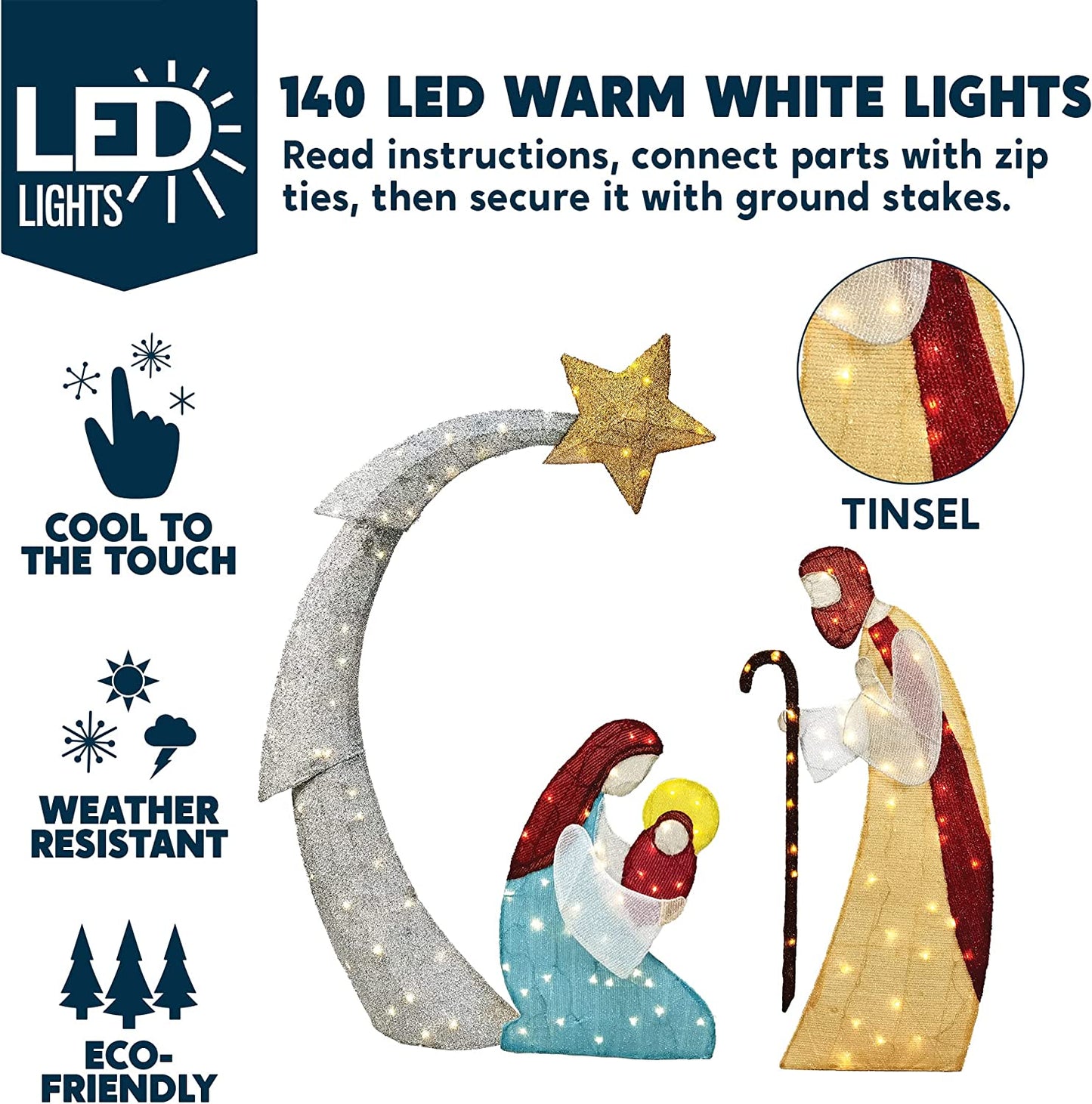 5ft Tinsel Nativity Scene 140 LED Warm White Yard Light