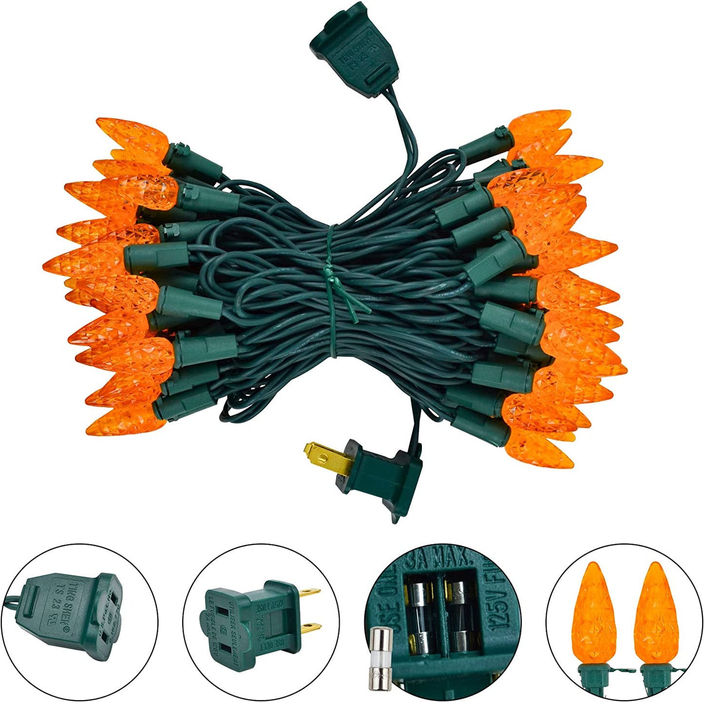 24.2 Ft 70 Counts of Orange LED C6 Green Wire Long String Light Set