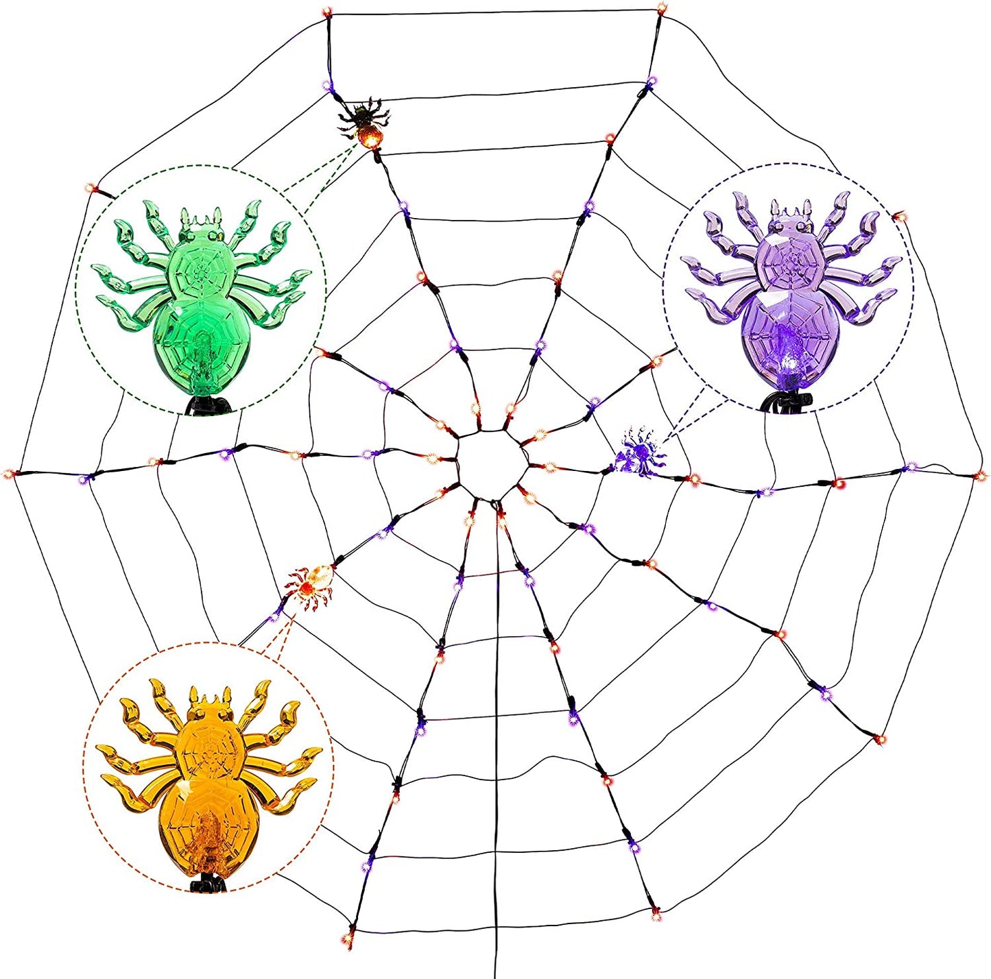 Spider Web Lights with 3 Lighted Spiders (Orange & Purple)