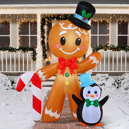 6 FT Tall Inflatable Gingerbread with Penguin Christmas Inflatable with Build-in LEDs