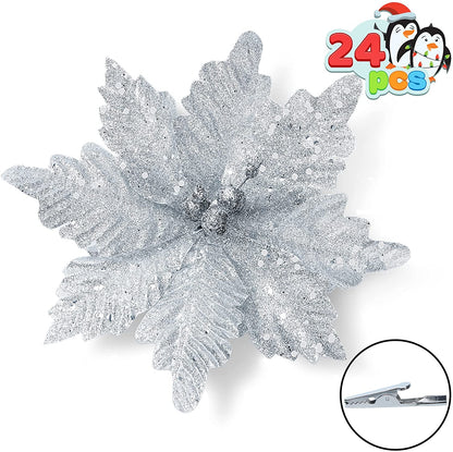 24 Pcs Silver Poinsettia Flowers with Clips and Glitter