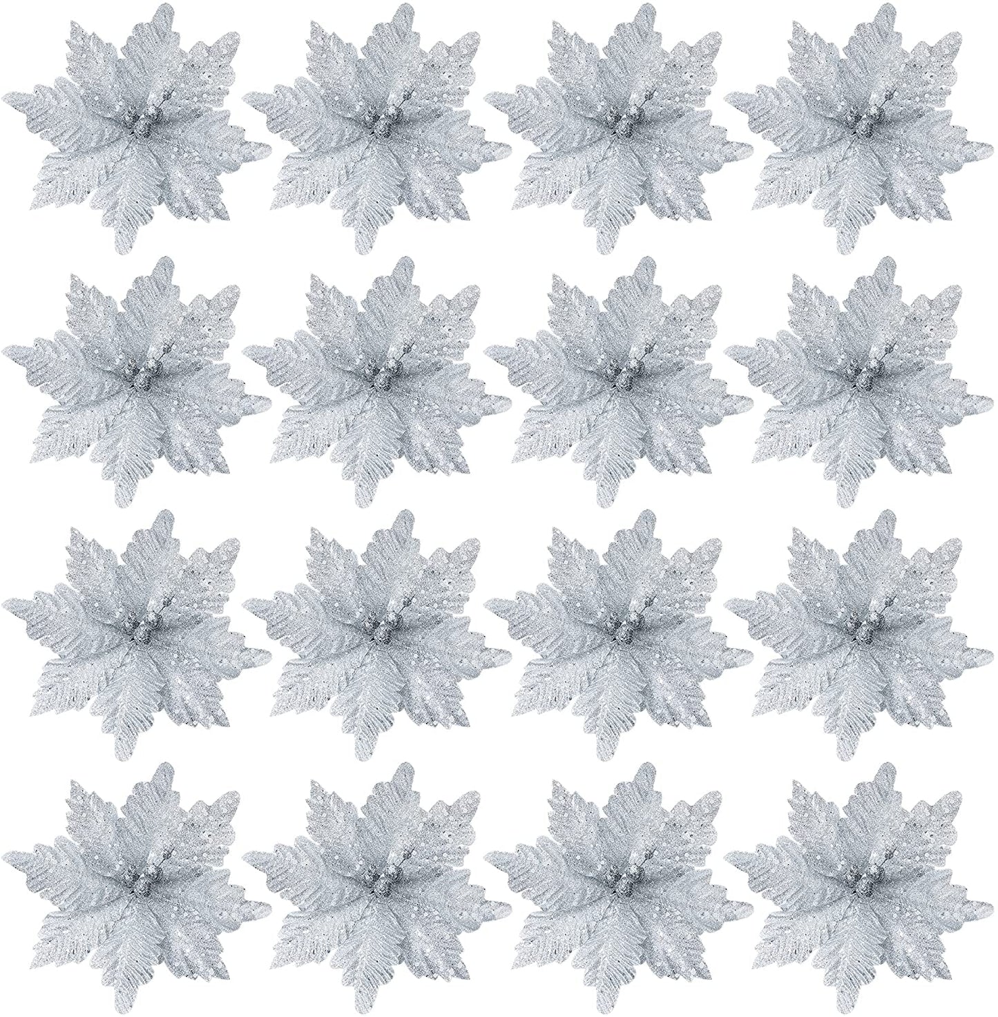 24 Pcs Silver Poinsettia Flowers with Clips and Glitter