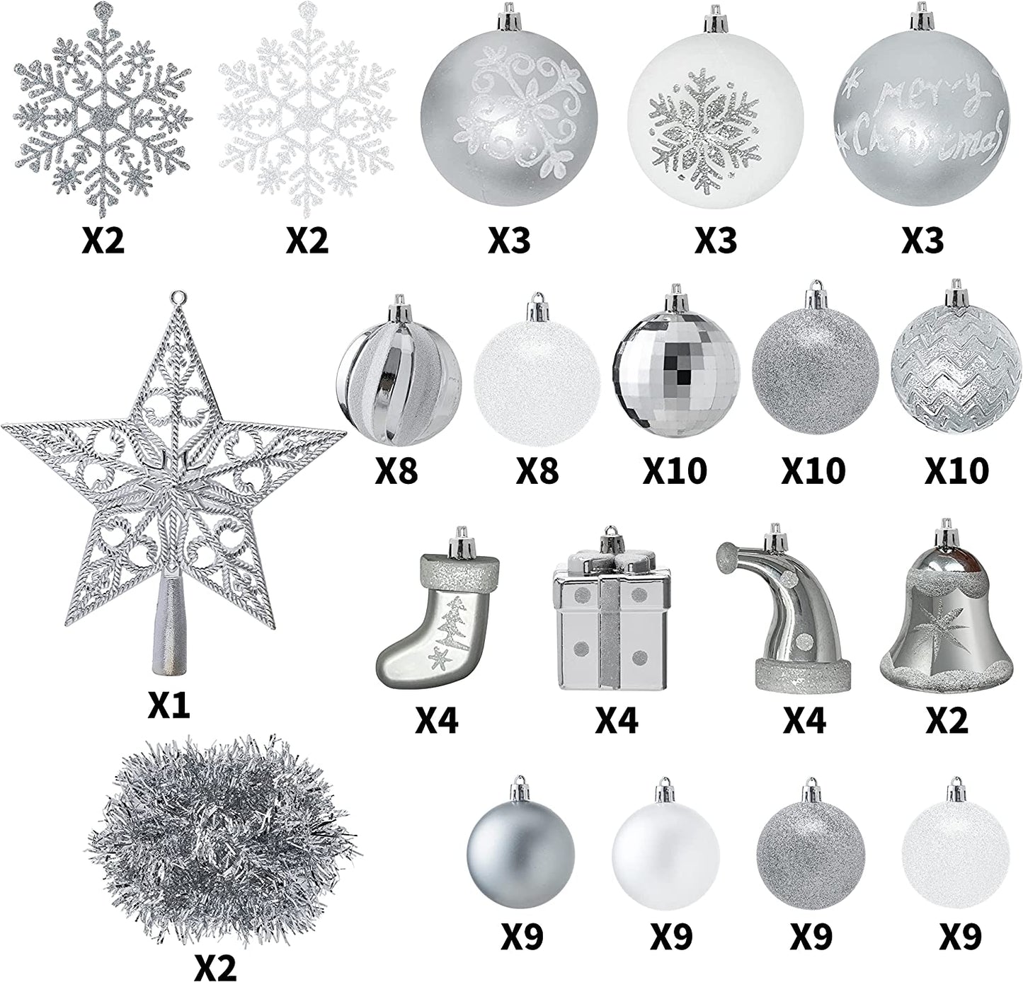 112 Pcs Silver & White Christmas Assorted Ornaments with a Star Tree Topper