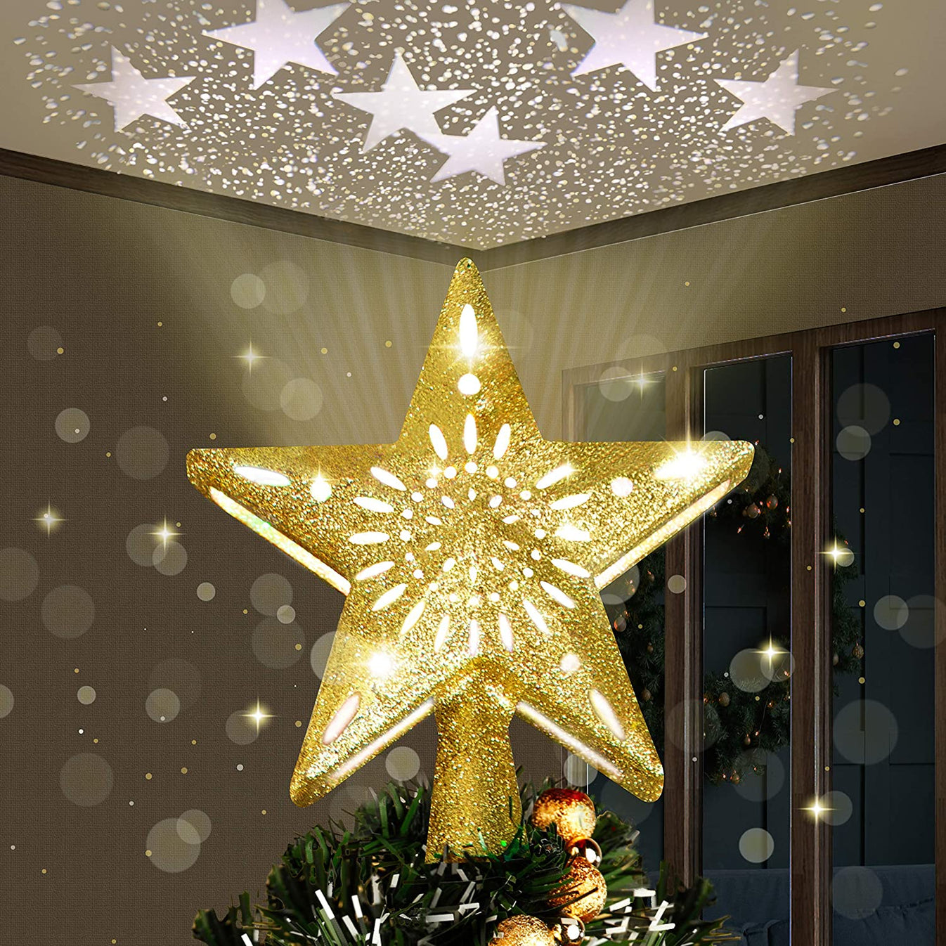 JOIEDOMI | GOLD STAR TREE TOPPER WITH YELLOW STAR PROJECTOR LIGHTS ...