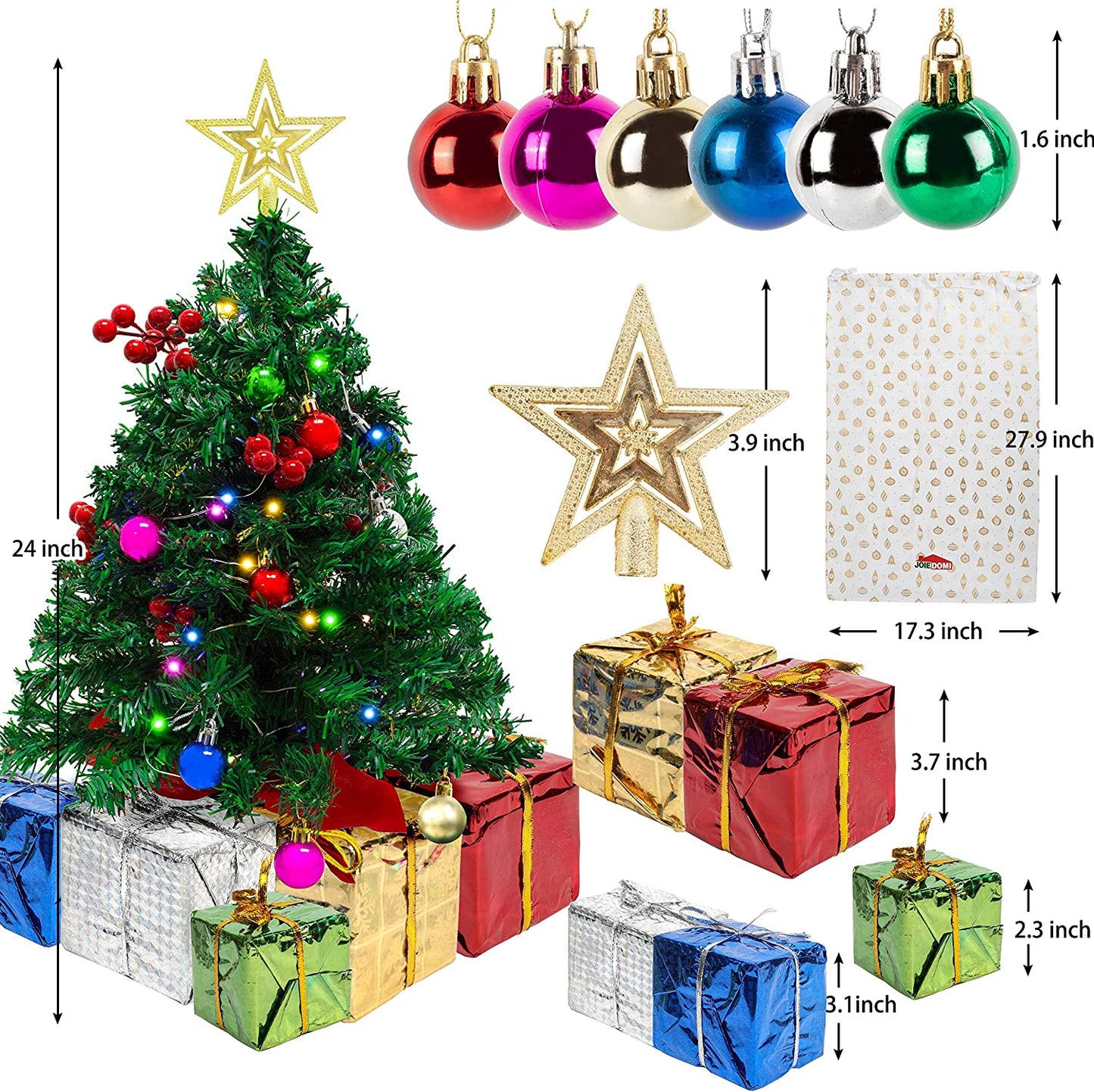 24in Prelit Tabletop Christmas Tree with Decoration Kit and Gift Box Decoration
