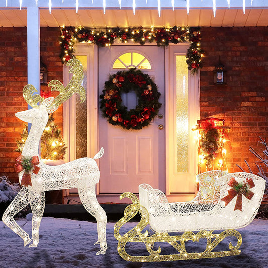 Fabric Reindeer with Sleigh LED Yard Lights