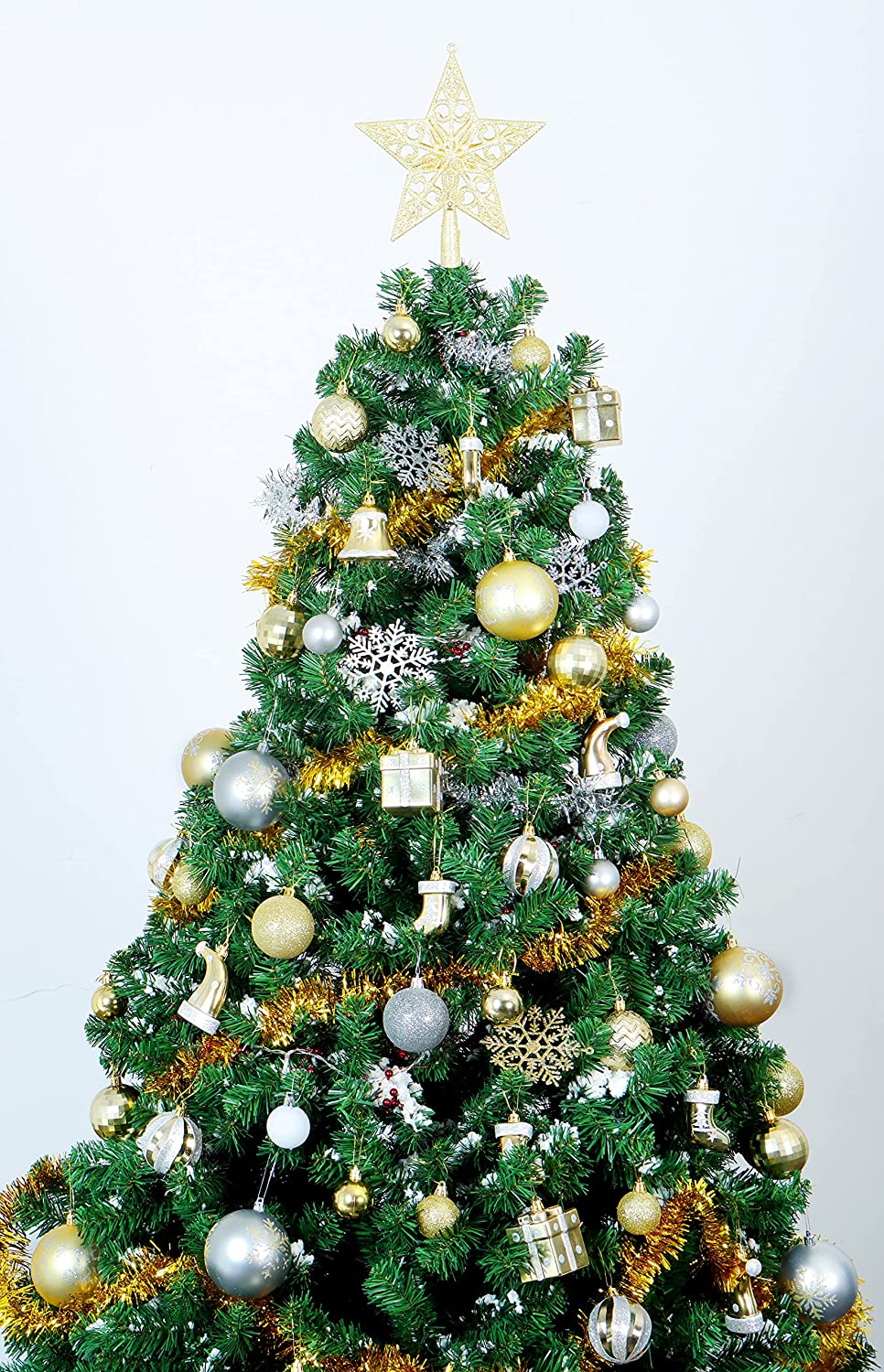 112 Pcs Gold & Silver Christmas Assorted Ornaments with a Star Tree Topper