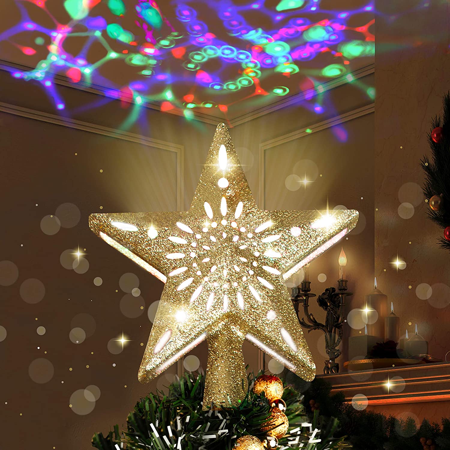 OurWarm Christmas Tree Topper Lighted Star Tree Topper Gold Christmas Tree  Star with Adjustable Rotating Magic Rainbow Projector Lights, 3D Hollow  Star Tree Topper for Christmas Tree Decorations 