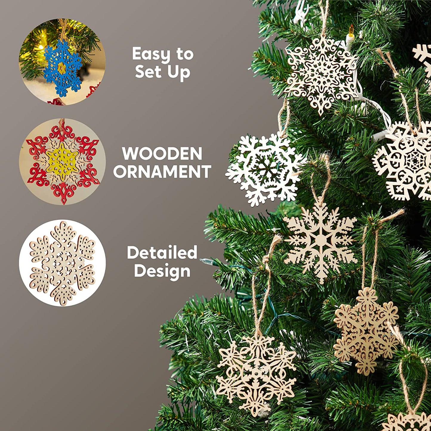 60Pcs Wooden Snowflakes Hanging Ornaments