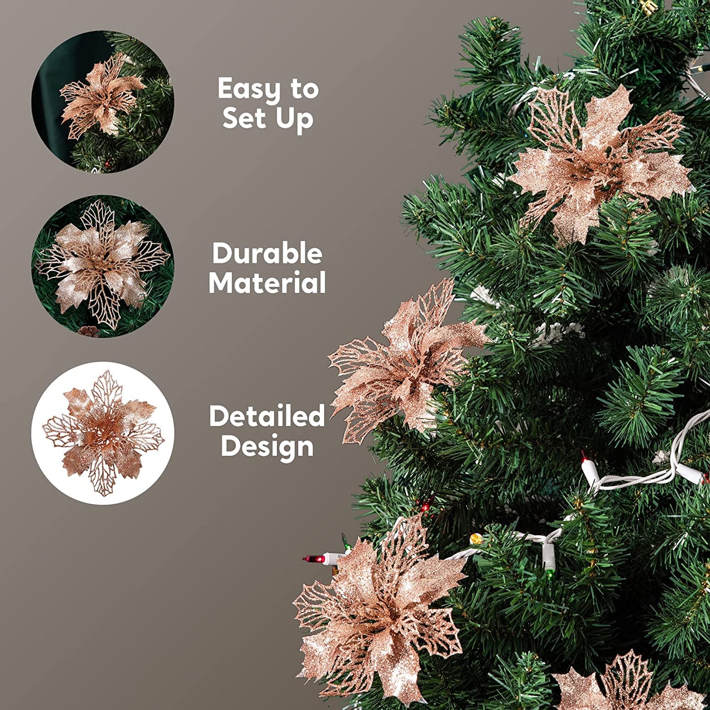 24 Pcs Rose Gold Poinsettia Flowers with Clips and Glitter