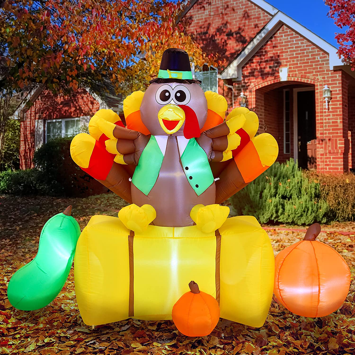Turkey Inflatable Toy JOIEDOMI | Turkey Sitting on a Straw Bale Thanksgiving Inflatable