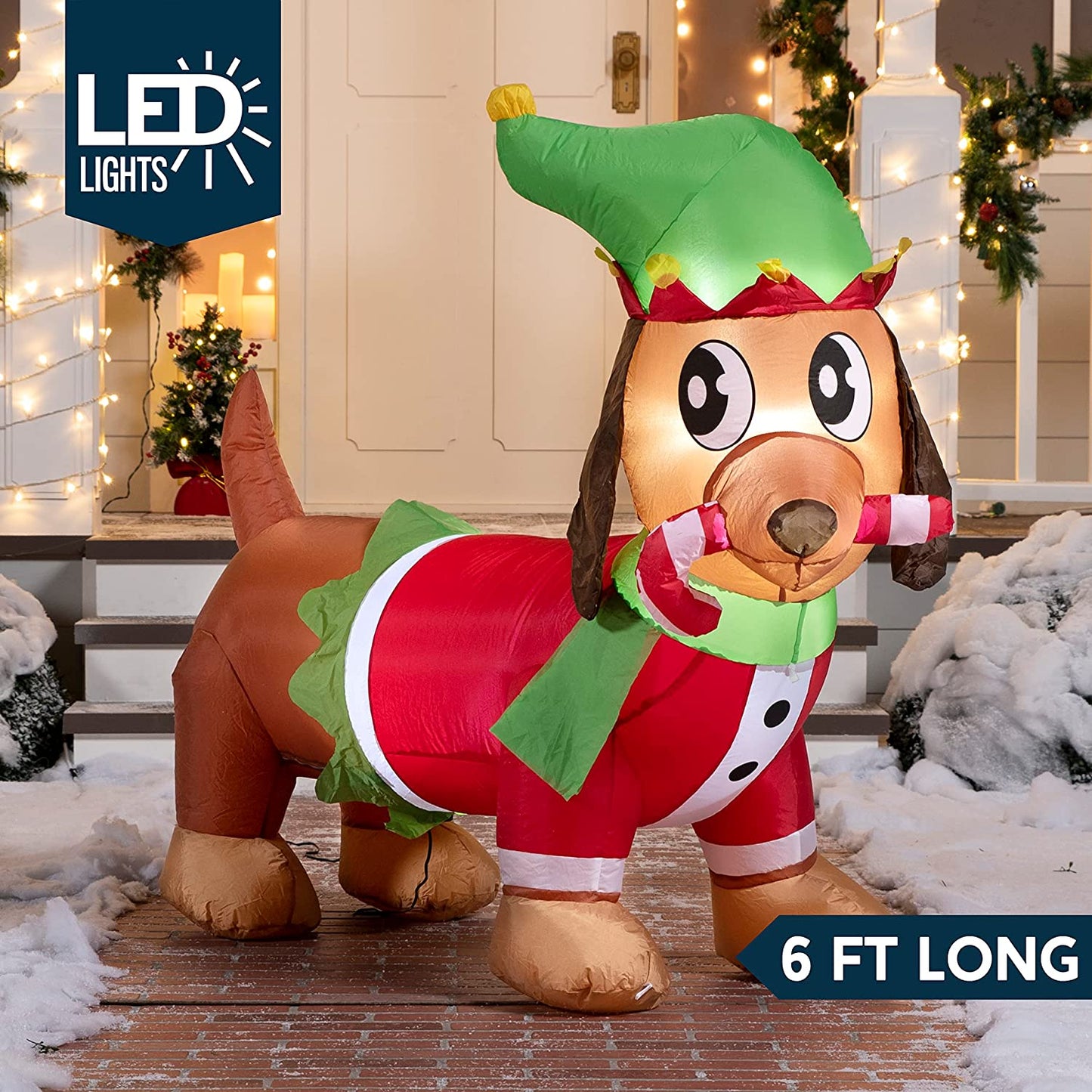 6ft Long Puppy Holding A Cany Cane Christmas Inflatable