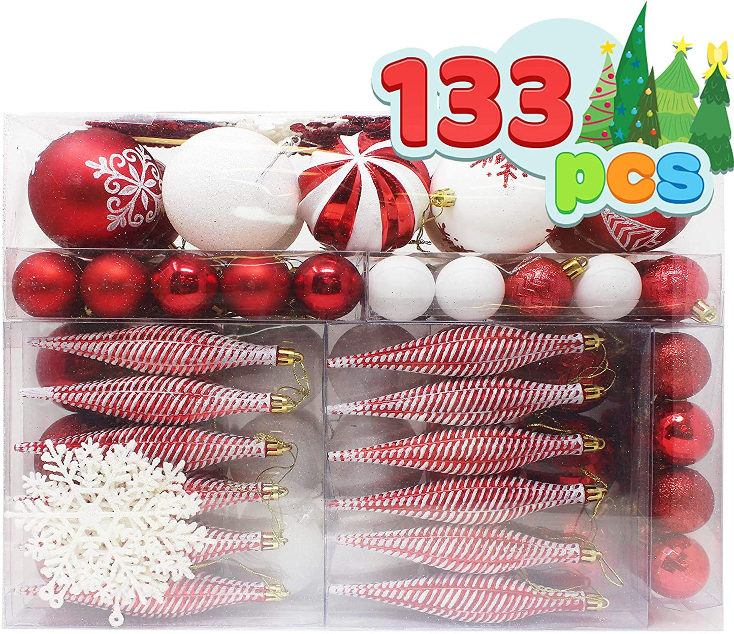 133 Pcs Christmas Ornaments, Red and White