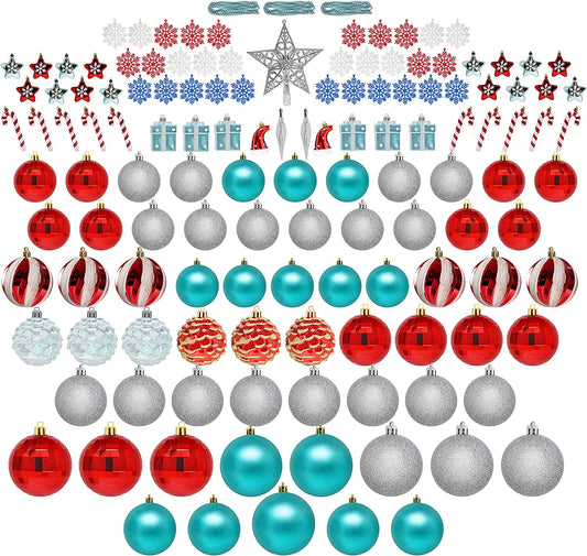 132 Pcs Red, Blue, and Silver Christmas Ornaments