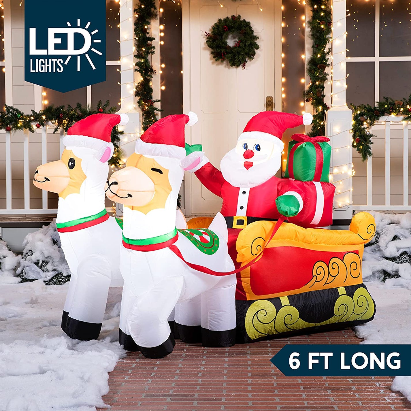 JOIEDOMI | LARGE SANTA ON LLAMA SLEIGH INFLATABLE (6 FT)