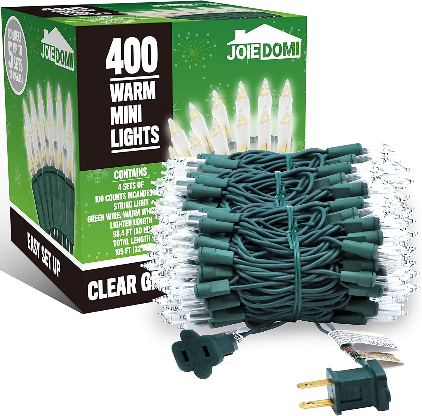 100 Counts Clear Green Wire Christmas Lights Set of 4