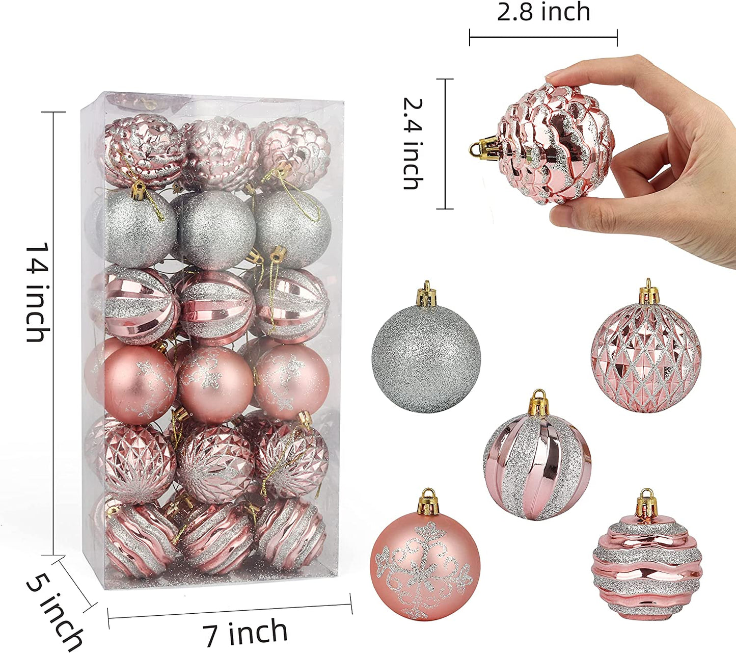 Rose Gold & Silver Christmas Ball Ornaments 36 Pcs