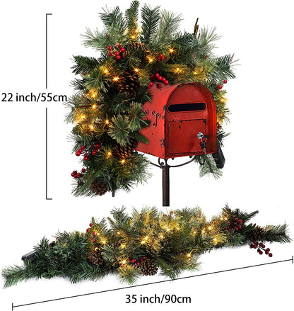 6in Pre-lit Artificial Christmas Mail Box Swag Flocked with Red Berries