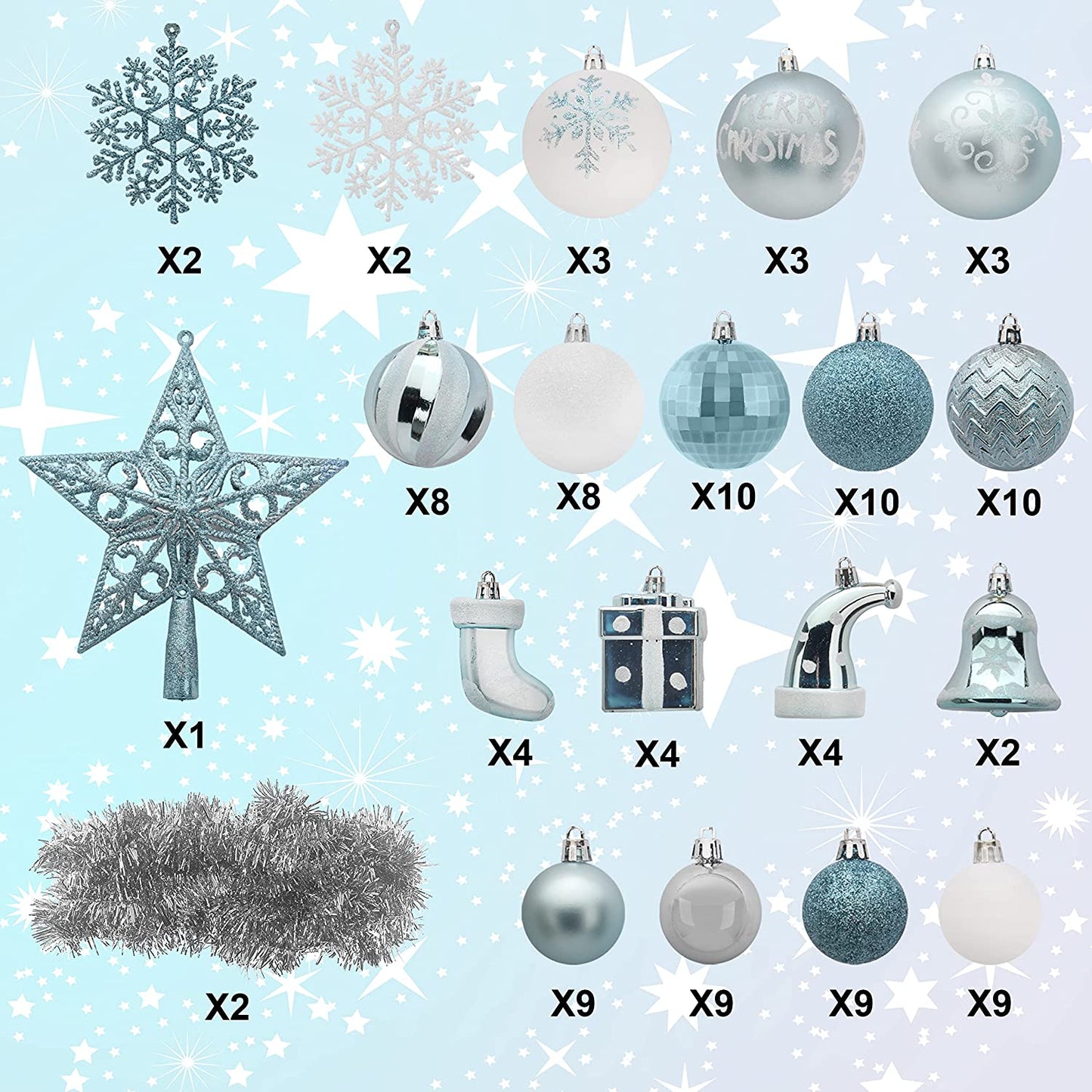 112 Pcs Baby Blue & White Christmas Assorted Ornaments with a Star Tree Topper