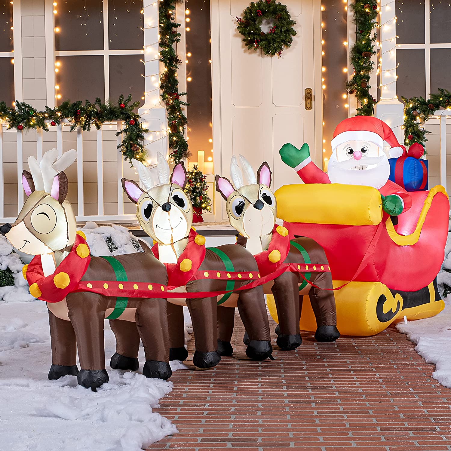 Giant Santa on Sleigh with Three Reindeers Inflatable (9.5 ft) – Joiedomi