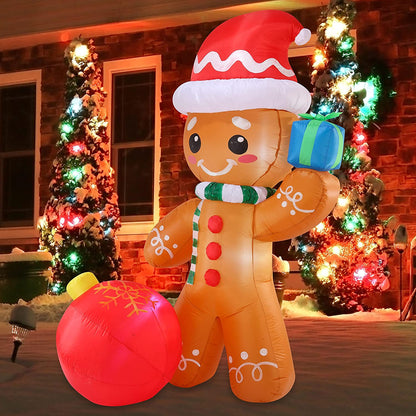 6 FT Tall Inflatable Gingerbread with Ornament Christmas Inflatable with Build-in LEDs