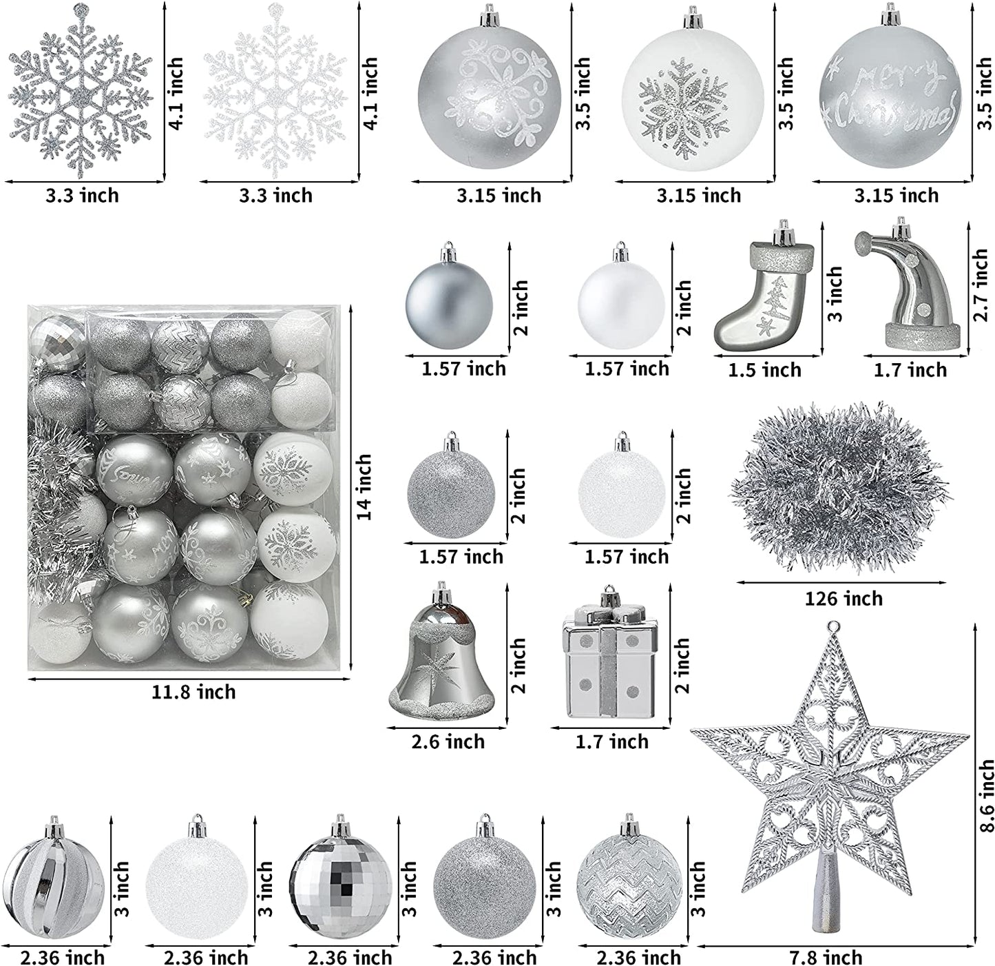 112 Pcs Silver & White Christmas Assorted Ornaments with a Star Tree Topper