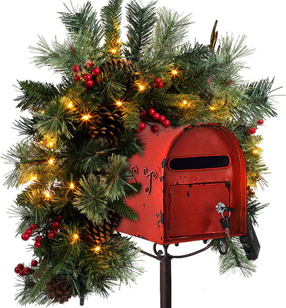 6in Pre-lit Artificial Christmas Mail Box Swag Flocked with Red Berries