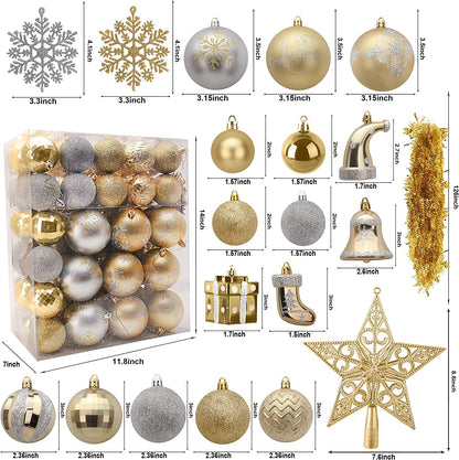 112 Pcs Gold & Silver Christmas Assorted Ornaments with a Star Tree Topper
