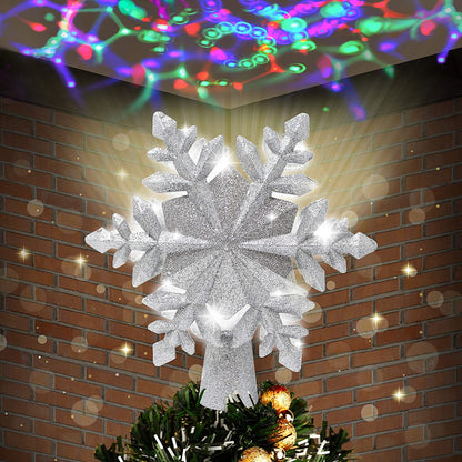 Glitter Silver Snowflake Tree Toppers with Rainbow Projector Lights