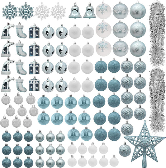 112 Pcs Baby Blue & White Christmas Assorted Ornaments with a Star Tree Topper