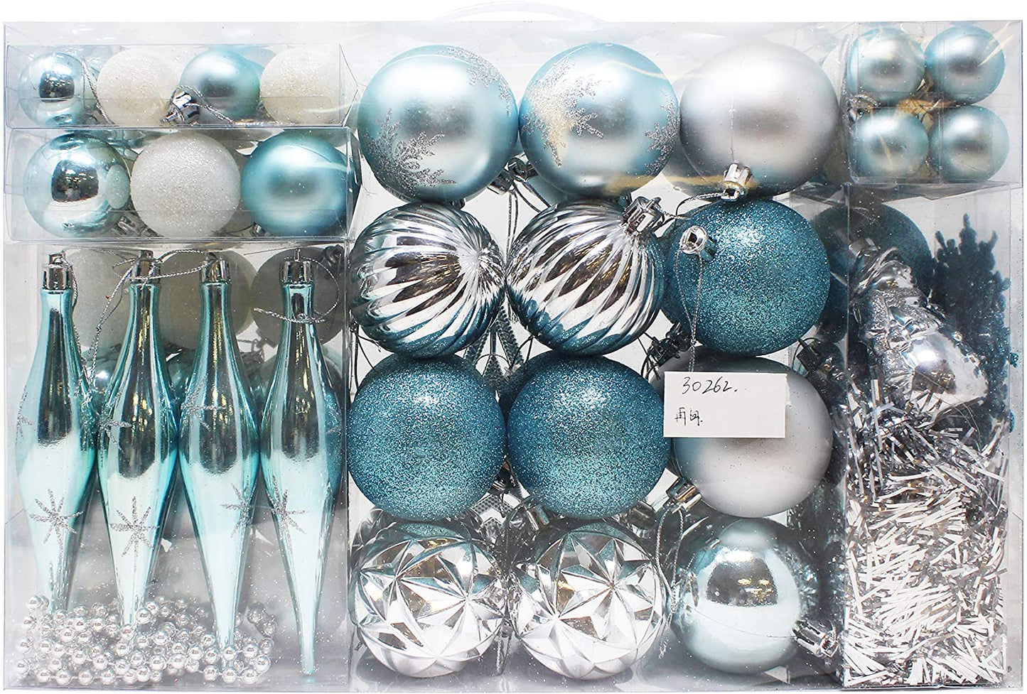 110 Pcs Blue, White, and Silver Christmas Ornaments