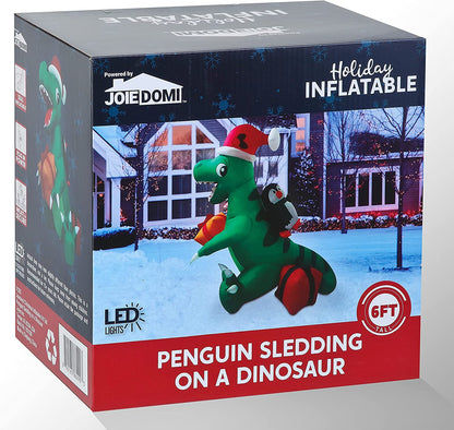 6 FT Tall Inflatable Penguin Sledding on Dinosaur