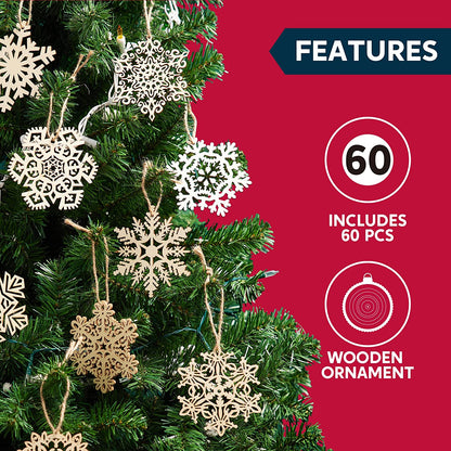 60Pcs Wooden Snowflakes Hanging Ornaments