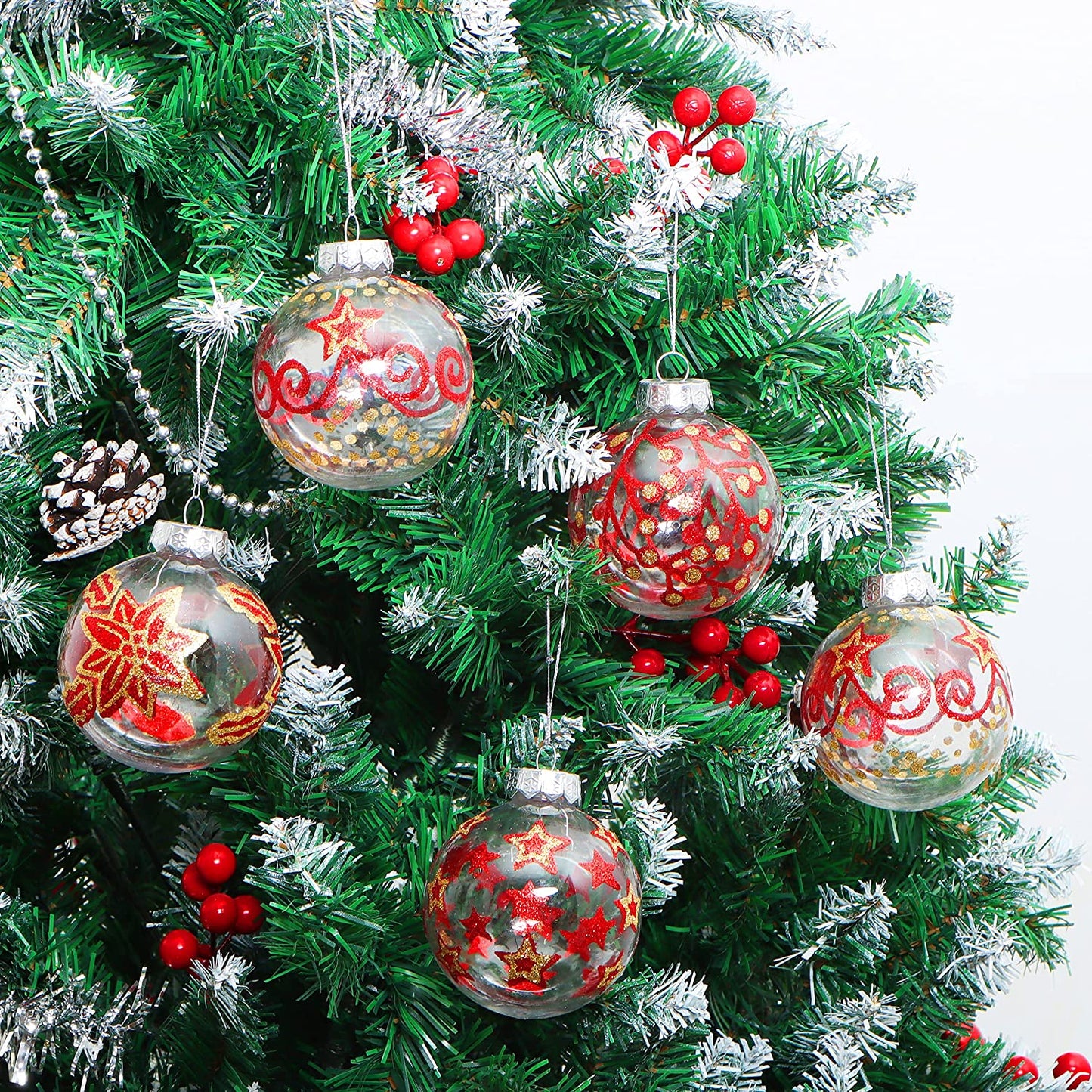 3.15'' Christmas Transparent Ball Ornaments with Red and Gold Print 12 Pcs
