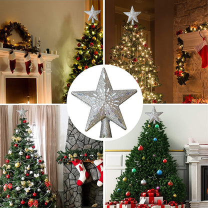 Silver Star Tree Topper with White Snowflake Star Projector Lights