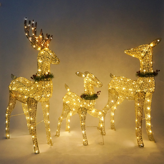 3 Pcs LED Yard Lights - Fabric 5ft Buck, 4ft Doe, and 3ft Fawn with Wreath (Gold)