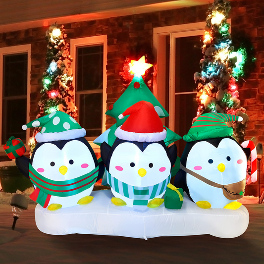 6FT Long Inflatable Three Chubby Penguin in Front of Christmas Tree