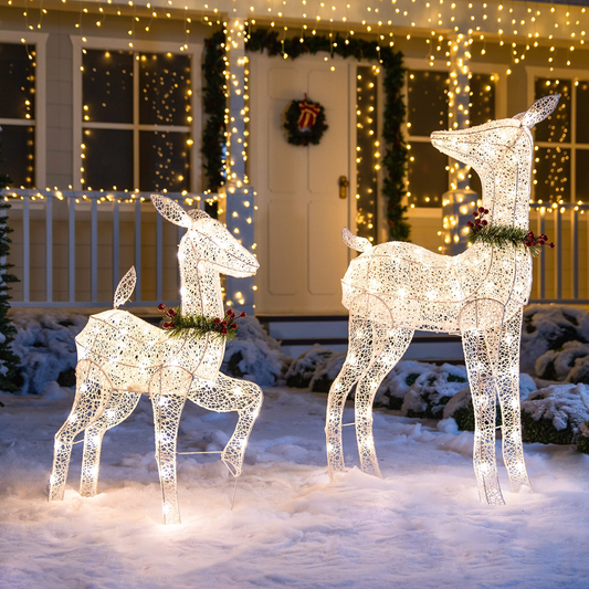 2Pcs LED Yard Lights - Fabric 4ft Doe and 3ft Fawn (White)