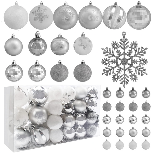 88 Pcs Assorted Shatterproof Silver & White Christmas Ornaments