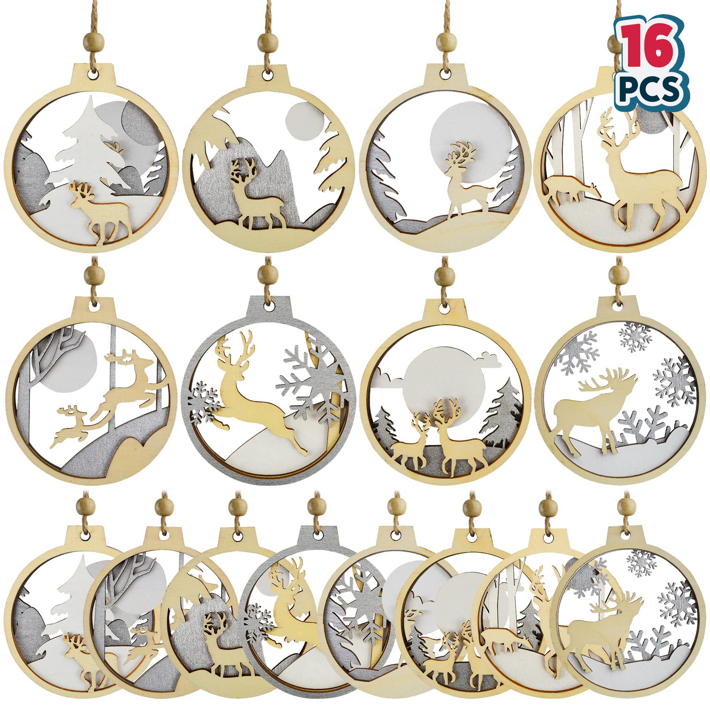 16 pcs Christmas Wooden Ornaments