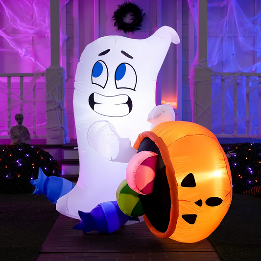 Tall Halloween Cute Ghost Dump Pumpkin Candy Bag Inflatable (5 ft)