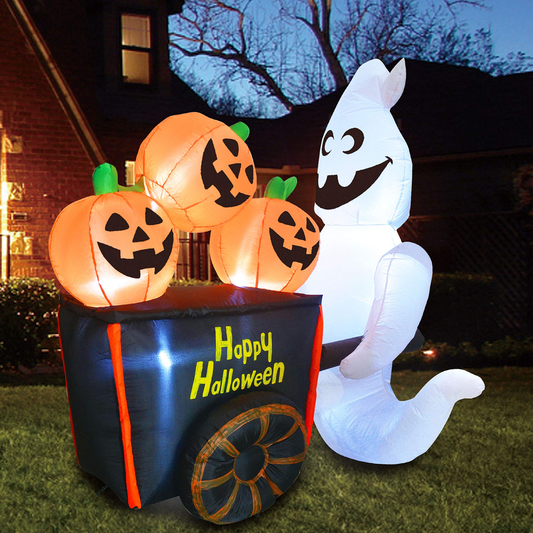 Halloween Large Ghost Pushing Pumpkin Cart Inflatable (6 ft)