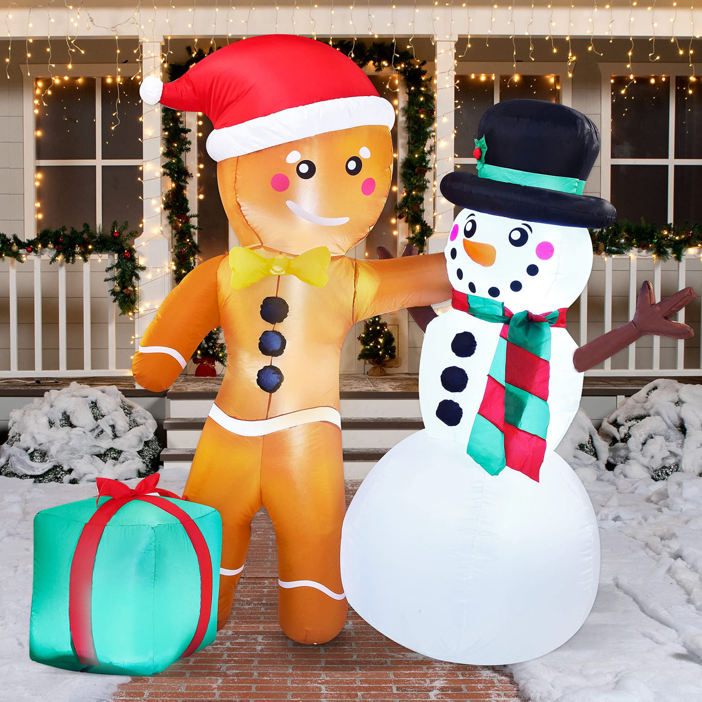 Large Happy Friendship Gingerbread Man & Snowman Inflatable (6 ft)
