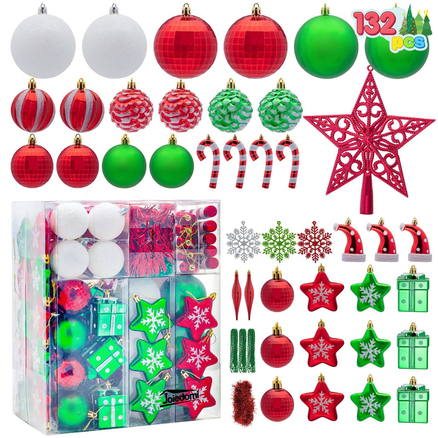 132 Pcs Red, Green, White Christmas Assorted Ornaments with a Silver Star Tree Topper