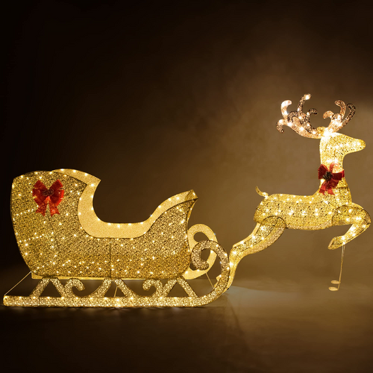 2 Pcs LED Yard Lights - Fabric 5ft Reindeer and 3ft Sleigh (Gold)