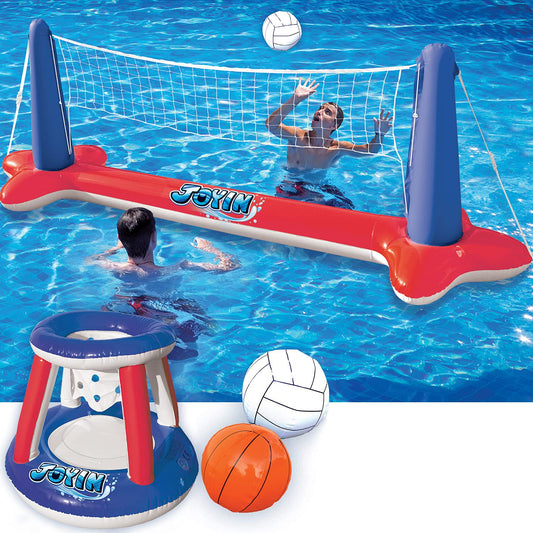 SLOOSH - Inflatable Volleyball Net & Basketball Hoops Red & Blue Pool Float Set