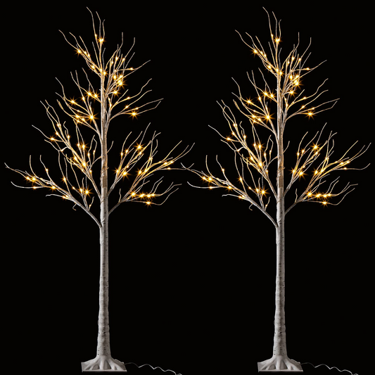 6ft White Birch Tree Decoration with 96 LED Lights, 2Pcs