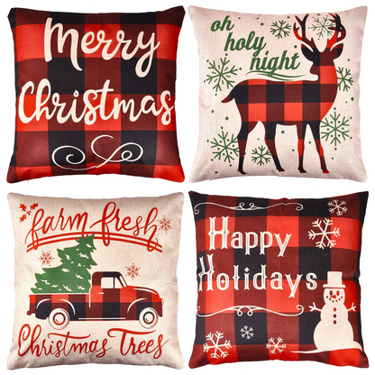 4 Pcs Christmas Buffalo Plaid Pillow Covers Reindeer & Truck
